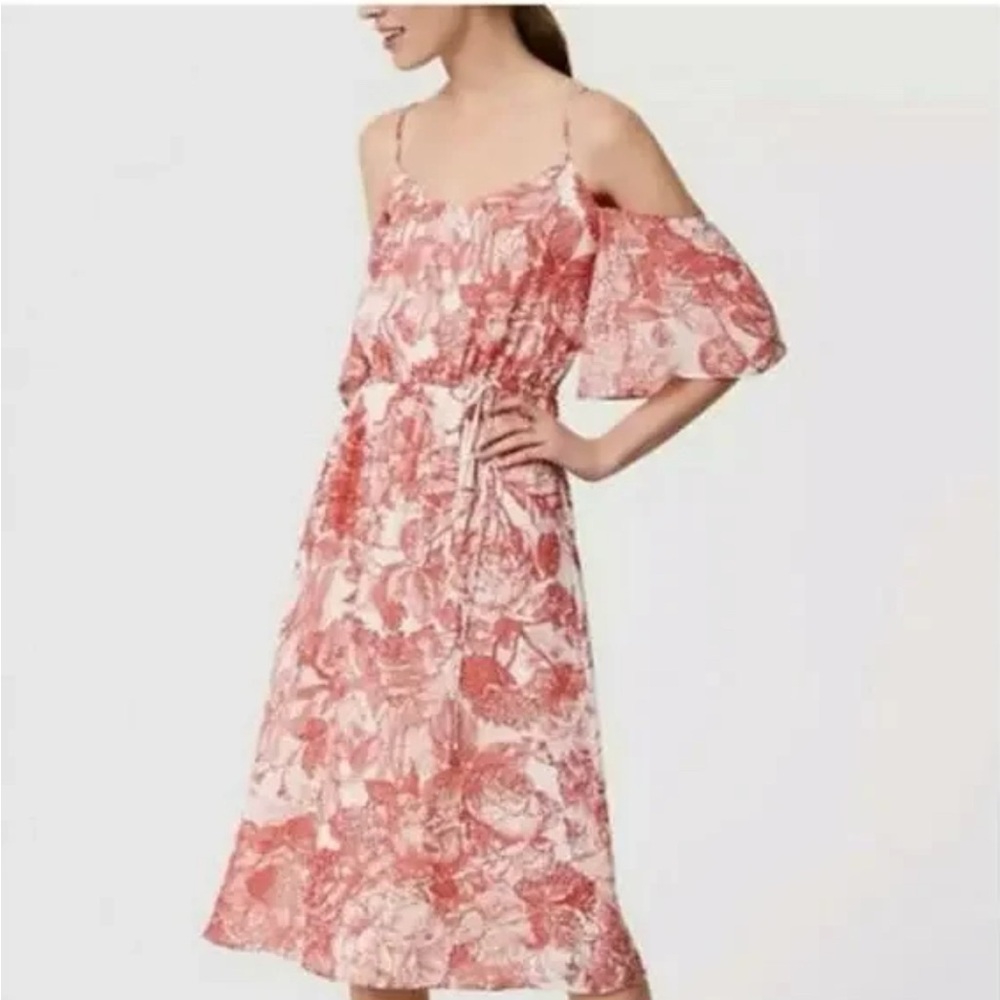 Loft Red White Floral Cold Shoulder Dress size Medium Petite